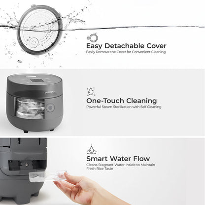 Cuckoo rice cooker cleaning features: easy detachable cover, one-touch steam sterilization, and smart water flow system. (CR-0675F)