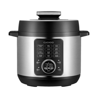 CUCKOO stainless steel multicooker featuring a digital display, preset menu buttons, and a top-locking lid handle. (CMC-ZSN601F)