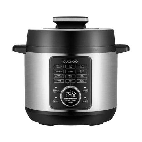 CUCKOO stainless steel multicooker featuring a digital display, preset menu buttons, and a top-locking lid handle. (CMC-ZSN601F)