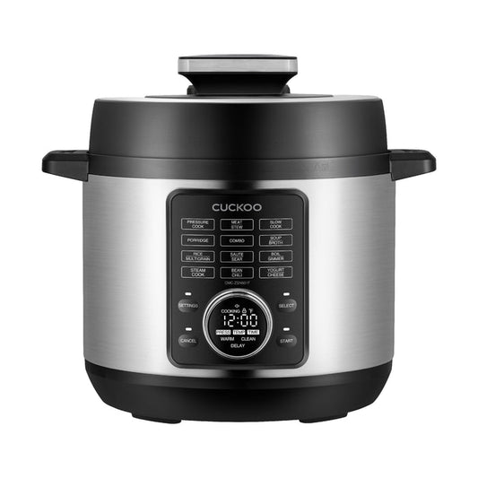 CUCKOO stainless steel multicooker featuring a digital display, preset menu buttons, and a top-locking lid handle. (CMC-ZSN601F)