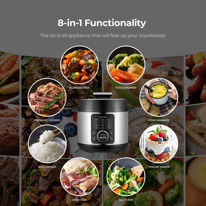 CUCKOO 8-in-1 multicooker infographic showing functions like pressure cooker, slow cooker, steamer, and rice cooker. (CMC-ZSN601F)