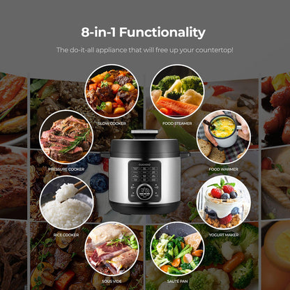 CUCKOO 8-in-1 multicooker infographic showing functions like pressure cooker, slow cooker, steamer, and rice cooker. (CMC-ZSN601F)