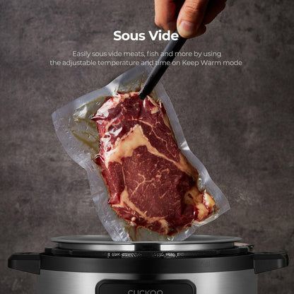 A vacuum-sealed steak being held over a CUCKOO multicooker, demonstrating its sous vide cooking capability. (CMC-ZSN601F)