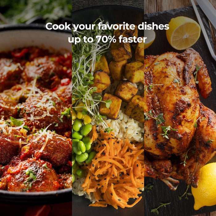 An infographic showing various cooked dishes with text overlay stating, "Cook your favorite dishes up to 70% faster." (CMC-ZSN601F)