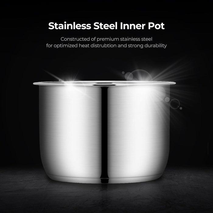 Premium stainless steel inner pot for a CUCKOO multicooker, designed for durability and optimized heat distribution. (CMC-ZSN601F)