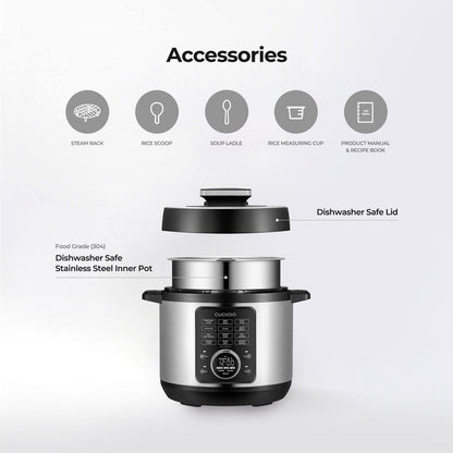 CUCKOO multicooker accessories infographic, including a steam rack, scoops, measuring cup, manual, and dishwasher-safe parts. (CMC-ZSN601F)