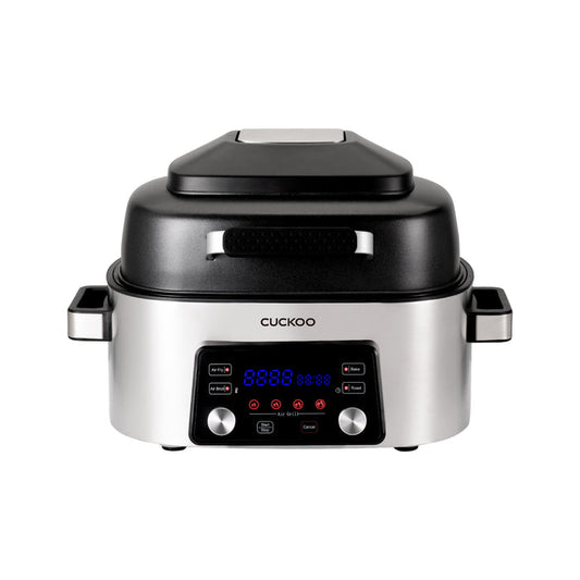 Cuckoo 6QT Air Fryer with a stainless steel finish, black lid, and a digital control panel with multiple cooking modes. (CAFG-A0601S)