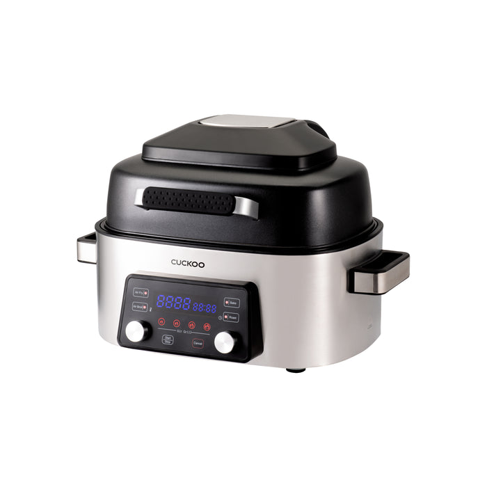 Cuckoo 6QT Air Fryer angled view, featuring a stainless steel body, black lid with handle, and digital control interface. (CAFG-A0601S)