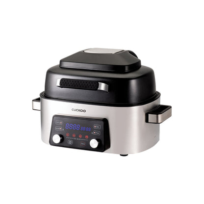 Cuckoo 6QT Air Fryer angled view, featuring a stainless steel body, black lid with handle, and digital control interface. (CAFG-A0601S)