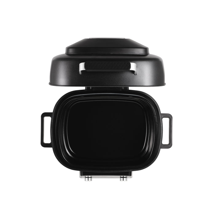 Top-down view of the Cuckoo 6QT Countertop Air Fryer with its lid open, displaying the empty, spacious black cooking pot. (CAFG-A0601S)