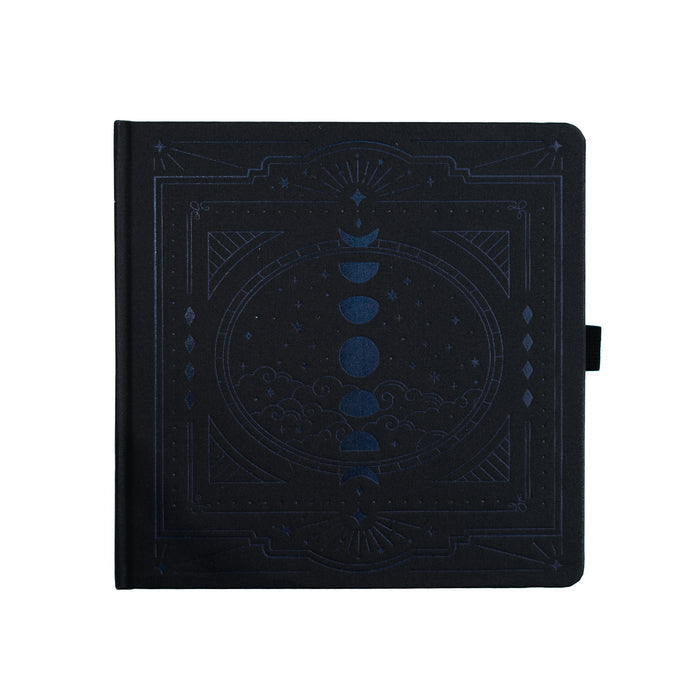 Black notebook with celestial design on a white background