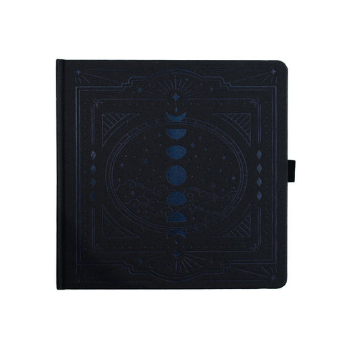 Black notebook with celestial design on a white background