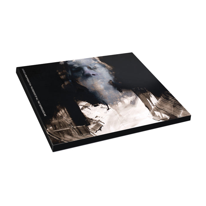 A square Capsize canvas with black sides features abstract brushstrokes in dark brown, white, and blue—evoking the moody vibe of a post-hardcore album cover. The striking artwork is photographed on a plain white background.