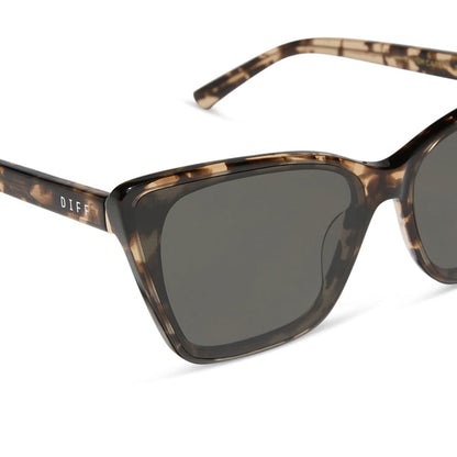 diff eyewear featuring the alina cat eye sunglasses with a espresso tortoise frame and grey lenses detailed view