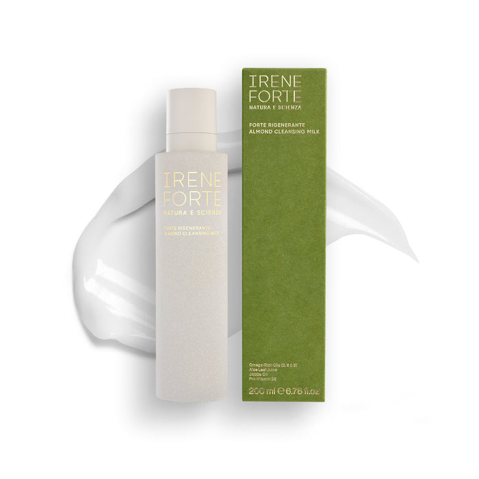 Irene Forte almond cleansing milk bottle and packaging on a white background