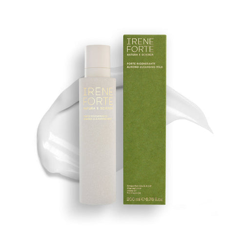 Irene Forte almond cleansing milk bottle and packaging on a white background