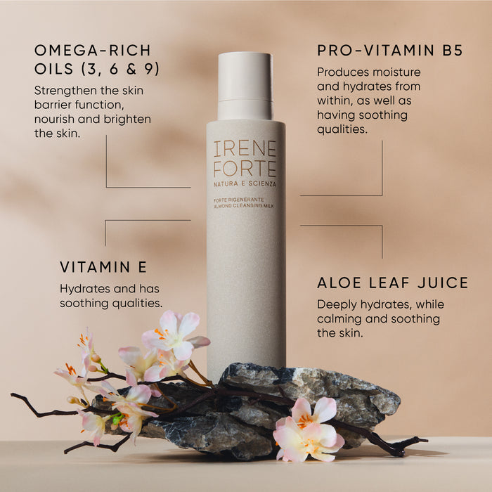 Irene Forte skincare Almond Cleansing Milk product with key ingredients including Omega-rich oils, Pro-Vitamin B5, Vitamin E and Aloe Leaf Juice listed on a beige background