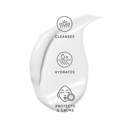 White skincare product with icons and text demonstrating that the product cleanses, hydrates, protects and calms on a white background