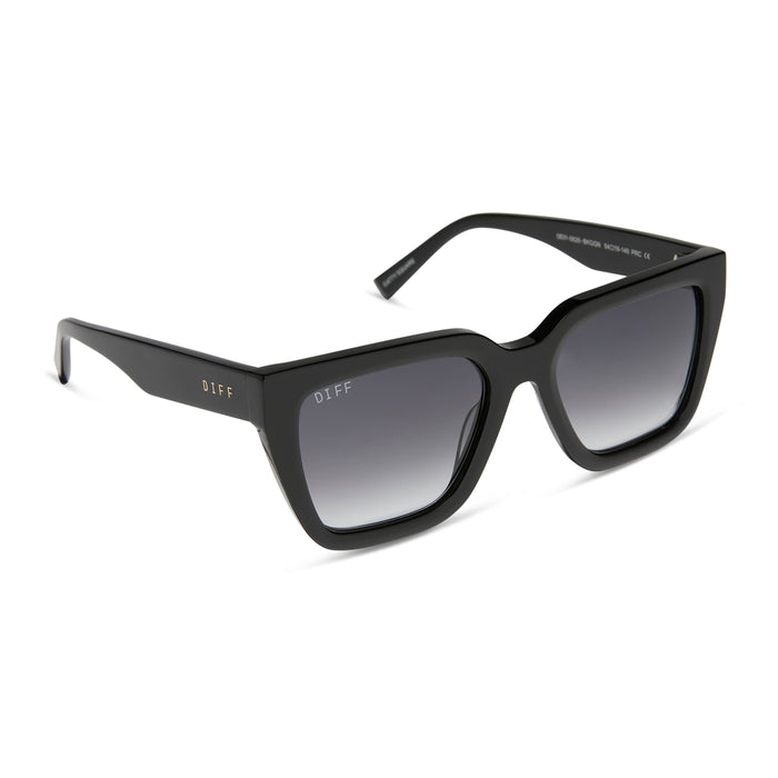 diff eyewear featuring the amara square sunglasses with a black frame and grey gradient lenses angled view