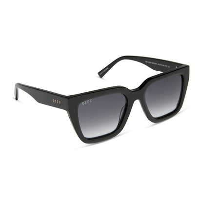 diff eyewear featuring the amara square sunglasses with a black frame and grey gradient lenses angled view