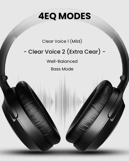 Aria Aura Wireless Auracast TV Headphones, features 4 EQ modes for clear voice 1 (mild) clear voice 2 (extra clear)  balanced, and bass mode