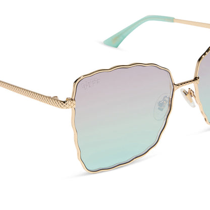 disney princess x diff eyewear featuring the ariel 2.0 sunglasses with a Shimmering Gold frame and Iridescent Sea Foam Pink To Blue Gradient Lenses detailed view