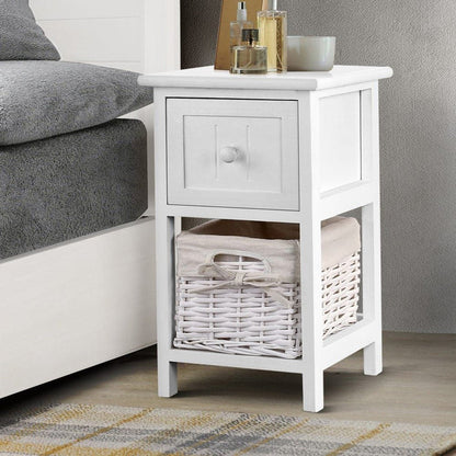 Artiss Bedside Table 1 Drawer with Basket Rustic White X2 -Home Living Store - -