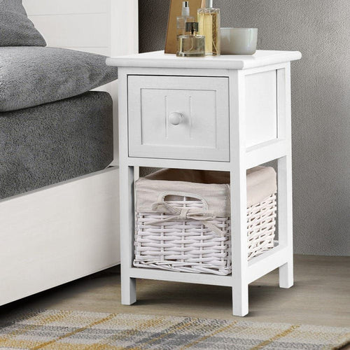 Artiss Bedside Table 1 Drawer with Basket Rustic White X2 -Home Living Store - -