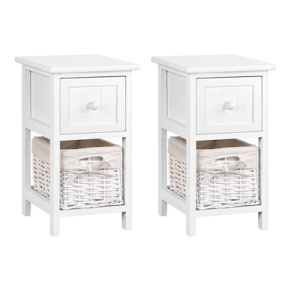 Artiss Bedside Table 1 Drawer with Basket Rustic White X2 -Home Living Store - -
