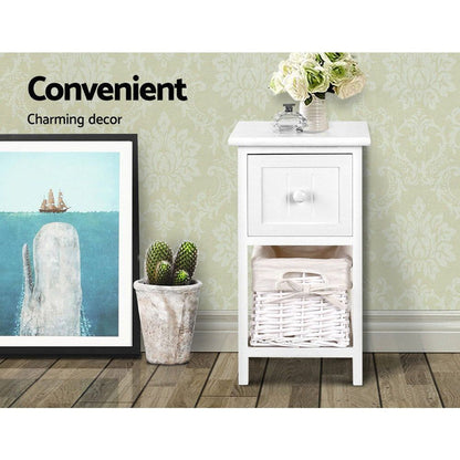 Artiss Bedside Table 1 Drawer with Basket Rustic White X2 -Home Living Store - -