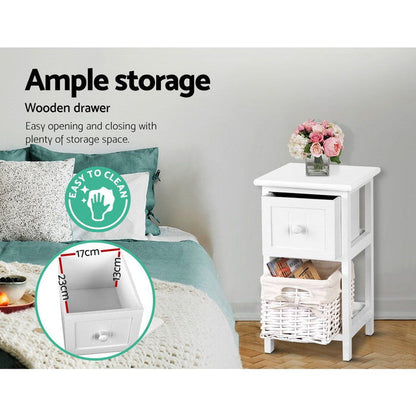 Artiss Bedside Table 1 Drawer with Basket Rustic White X2 -Home Living Store - -