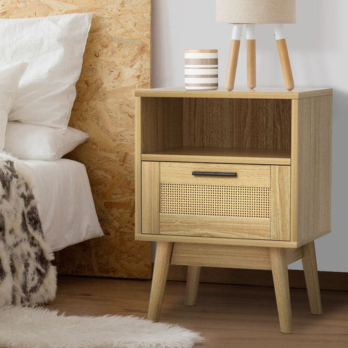 Artiss Rattan Bedside Table 1 Drawer with Shelf - REI Oak -Home Living Store - -