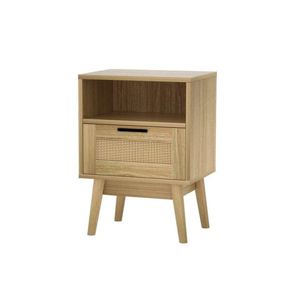 Artiss Rattan Bedside Table 1 Drawer with Shelf - REI Oak -Home Living Store - -