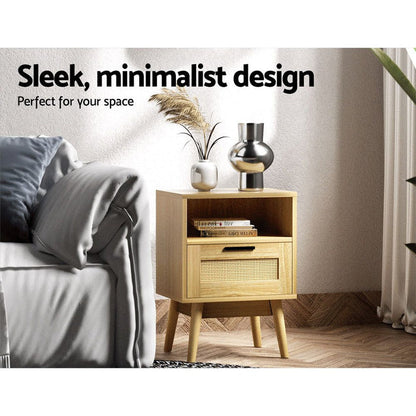 Artiss Rattan Bedside Table 1 Drawer with Shelf - REI Oak -Home Living Store - -