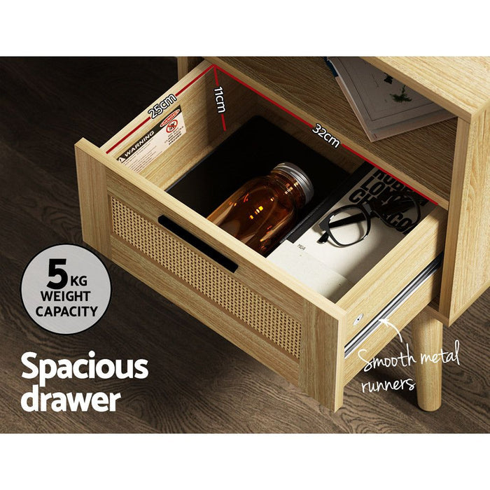 Artiss Rattan Bedside Table 1 Drawer with Shelf - REI Oak -Home Living Store - -