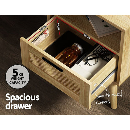 Artiss Rattan Bedside Table 1 Drawer with Shelf - REI Oak -Home Living Store - -