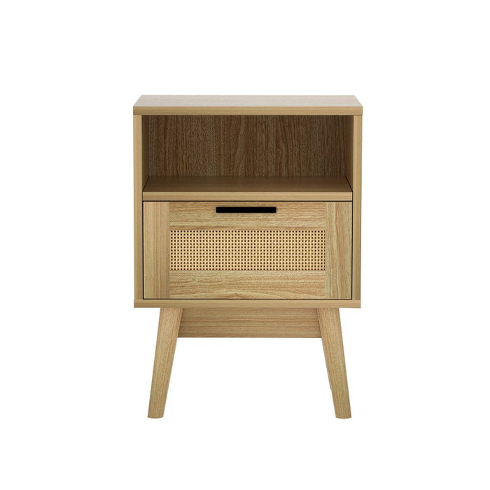 Artiss Rattan Bedside Table 1 Drawer with Shelf - REI Oak -Home Living Store - -