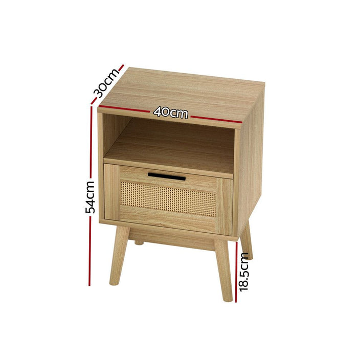 Artiss Rattan Bedside Table 1 Drawer with Shelf - REI Oak -Home Living Store - -