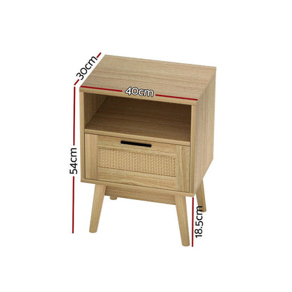 Artiss Rattan Bedside Table 1 Drawer with Shelf - REI Oak -Home Living Store - -