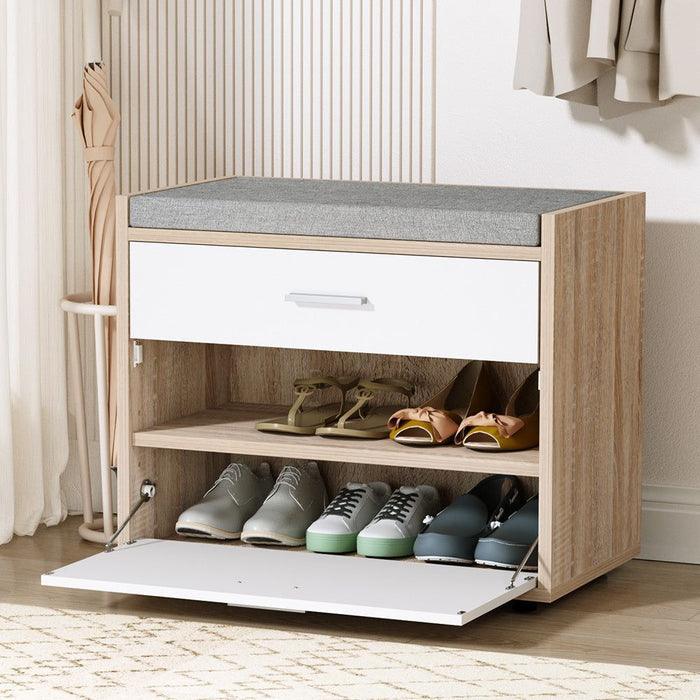 Artiss Shoe Cabinet Bench Shoes Storage Organiser Rack Fabric Seat Wooden Cupboard Up to 8 pairs -Home Living Store - -