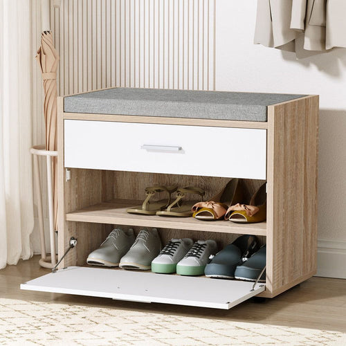 Artiss Shoe Cabinet Bench Shoes Storage Organiser Rack Fabric Seat Wooden Cupboard Up to 8 pairs -Home Living Store - -