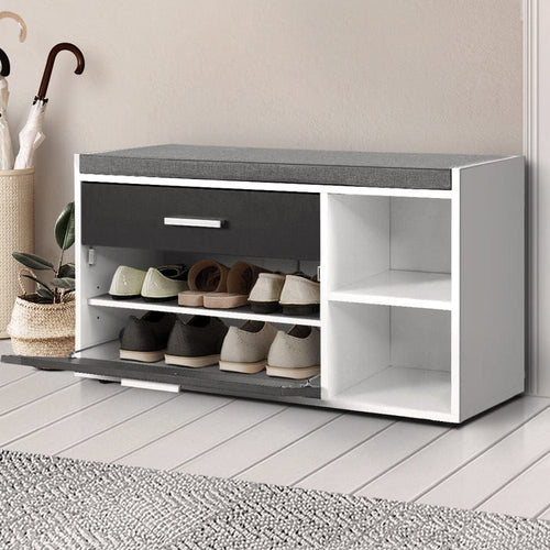 Artiss Shoe Cabinet Bench Shoes Storage Organiser Rack Wooden Cupboard Fabric Seat Adjustable Shelf -Home Living Store - -