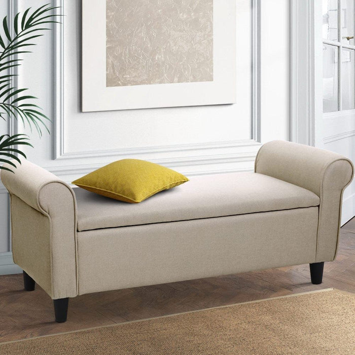 Artiss Storage Ottoman Blanket Box 125cm Arm Linen Taupe -Home Living Store - -