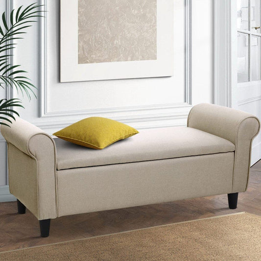 Artiss Storage Ottoman Blanket Box 125cm Arm Linen Taupe -Home Living Store - -