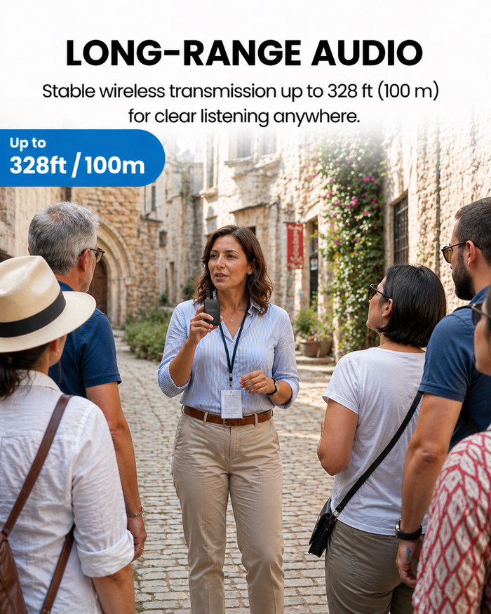 AudiTour Wireless Assistive Listening for Churches, Tours, Museums, and Factories, offers up to 328ft (100m) range for clear listening.