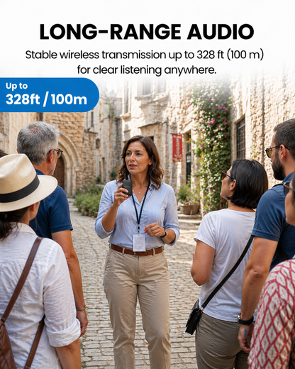 AudiTour Wireless Assistive Listening for Churches, Tours, Museums, and Factories, offers up to 328ft (100m) range for clear listening.