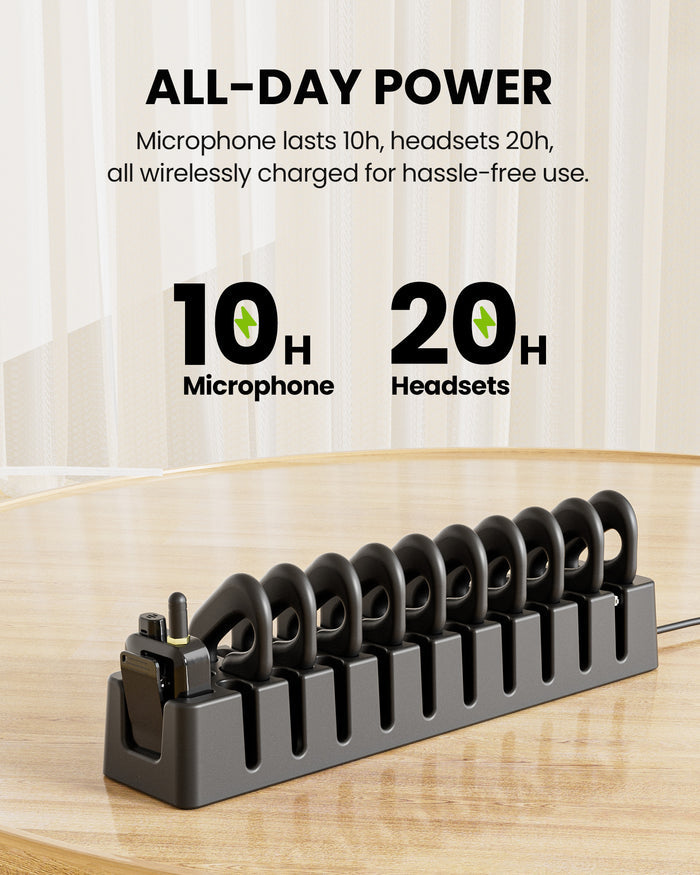 AudiTour Wireless Assistive Listening for Churches and Tours. Wireless charging with up to 20-hour headset use and 10-hour microphone use.