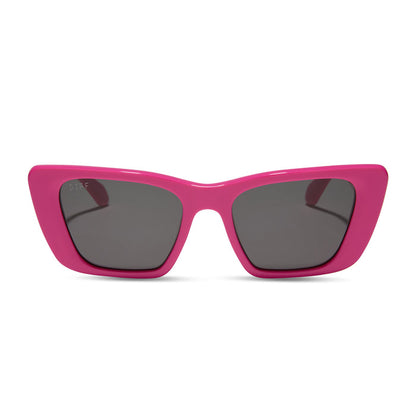 diff eyewear featuring the aura cat eye sunglasses with a bright pink frame and grey lenses front view