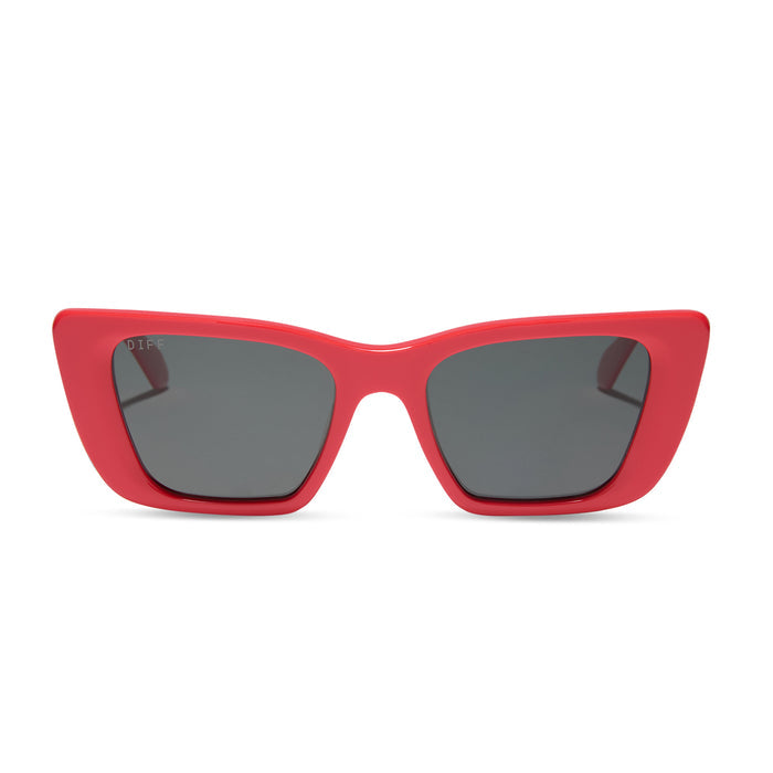 diff eyewear aura square sunglasses with a sunset red frame and grey polarized lenses front view