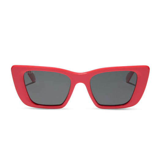diff eyewear aura square sunglasses with a sunset red frame and grey polarized lenses front view